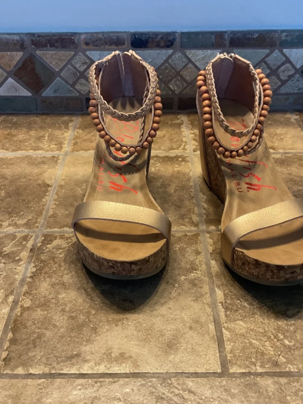 Rose gold wedge sandals with beaded ankle